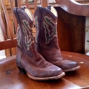 Old West leather brown green cowboy western boots square toe